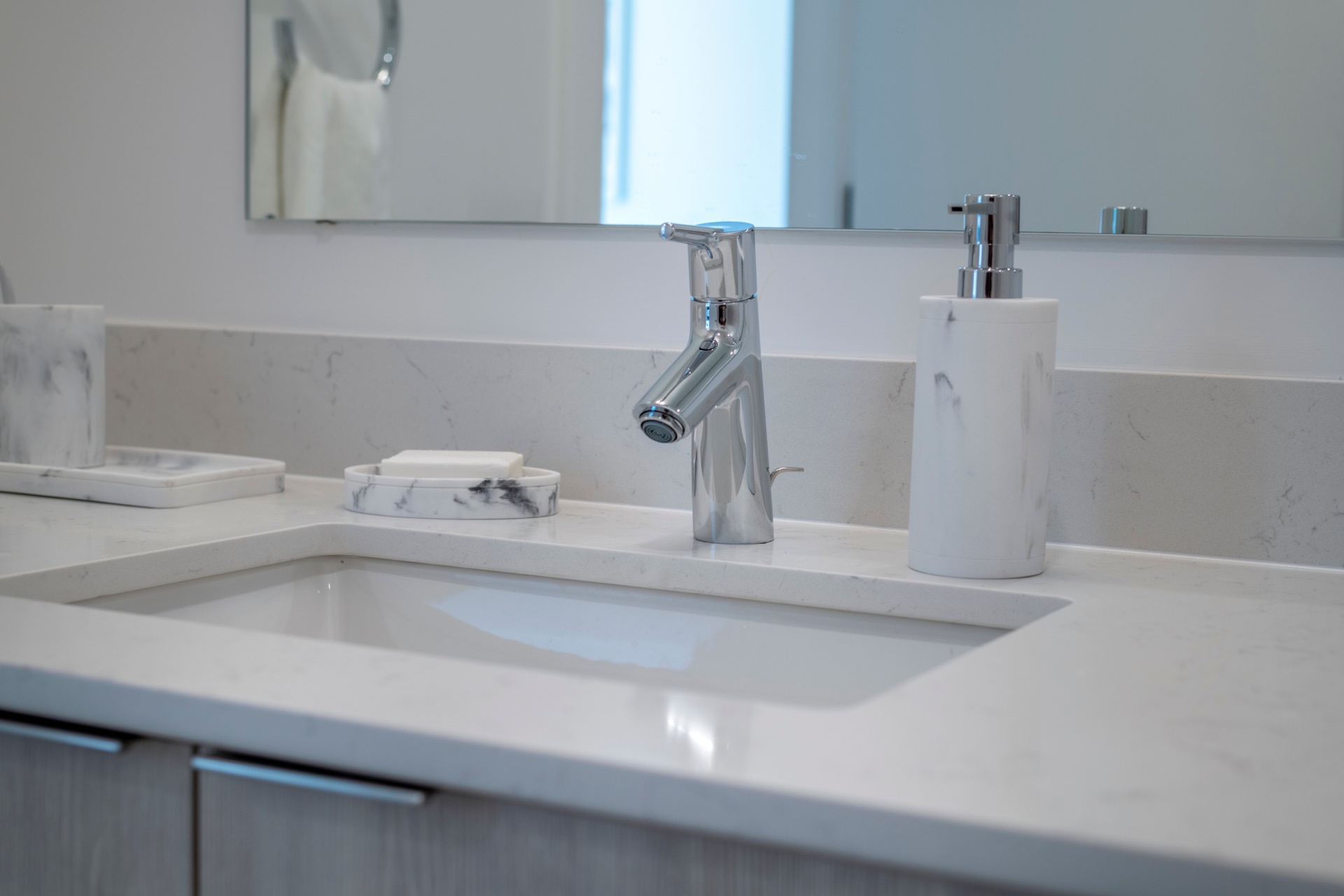 One cathedral square 1 bedroom model bathroom sink